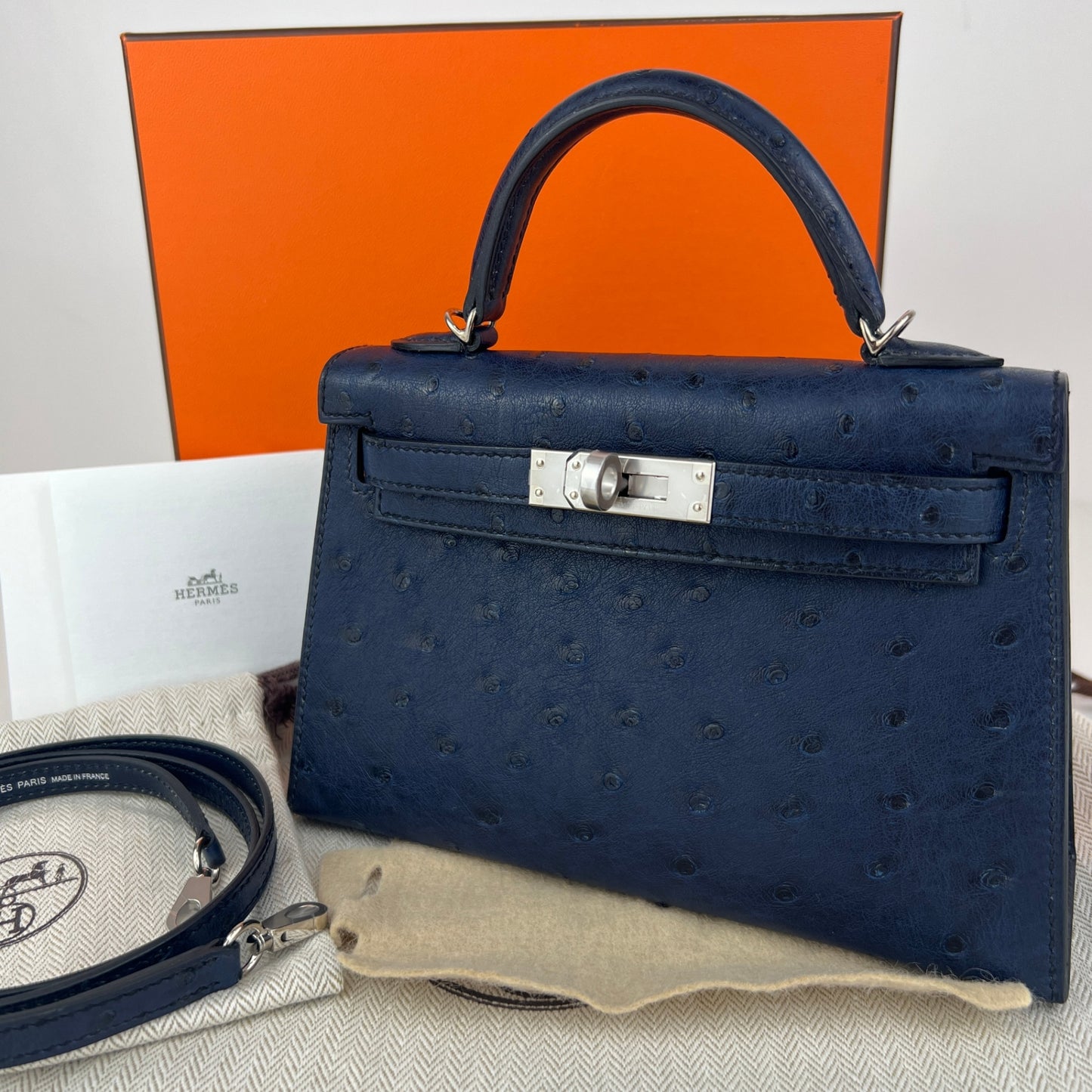Mini kelly ミニケリー Aisome アイゾメ Ostrich オーストリッチ PHW シルバー金具 Stamp-W W刻印