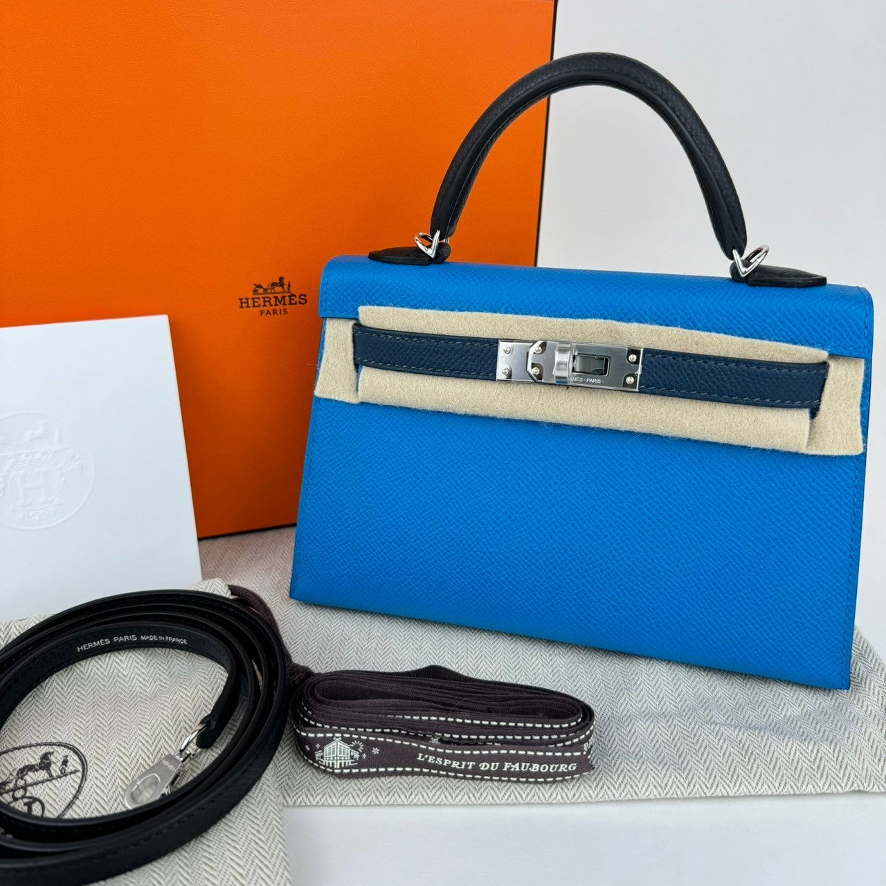 Mini kelly Tricolor ミニケリー トリコロール ブルー PHW シルバー金具 W刻