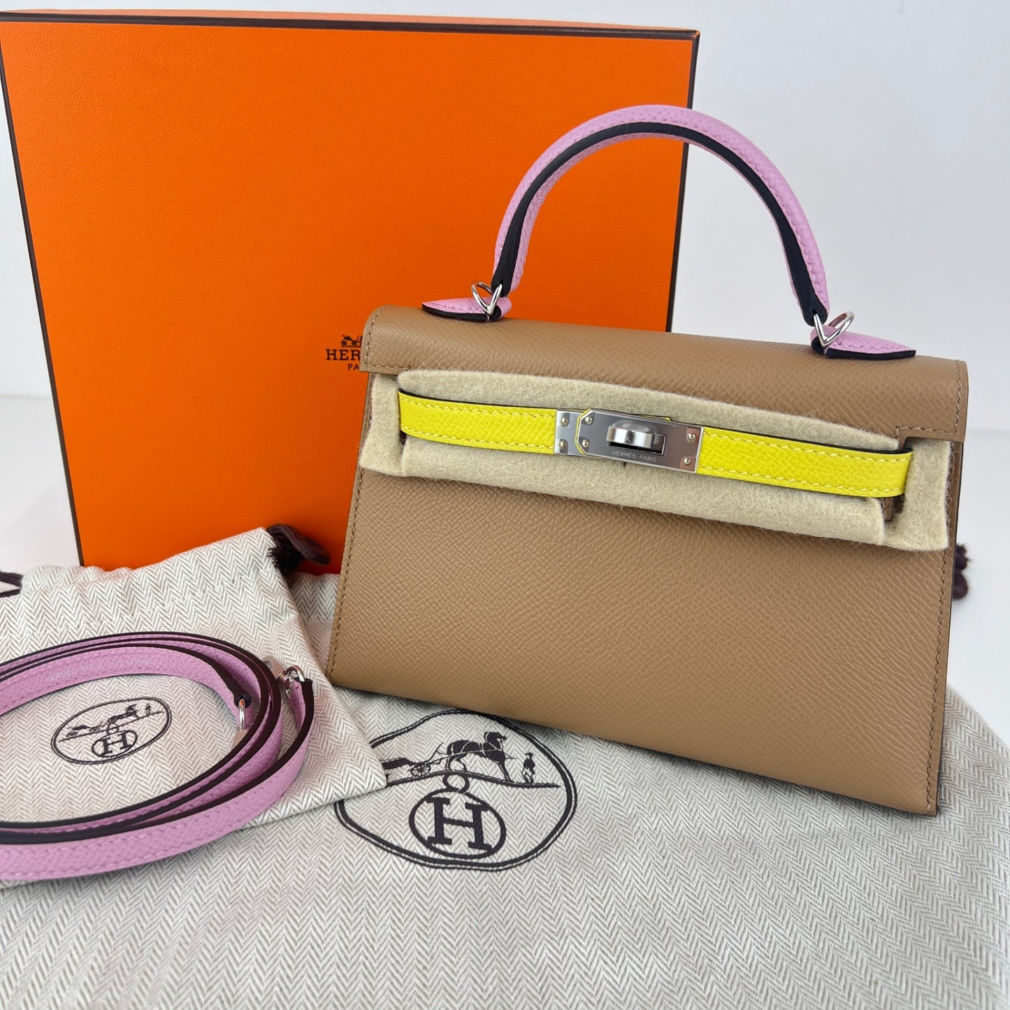 Mini kelly tricolor ミニケリートリコロール Stamp-U U刻印 Epsom エプソン Chai/Mauve sylvester/Lime チャイ/モーヴシルベストル/ライム PHW シルバー金具