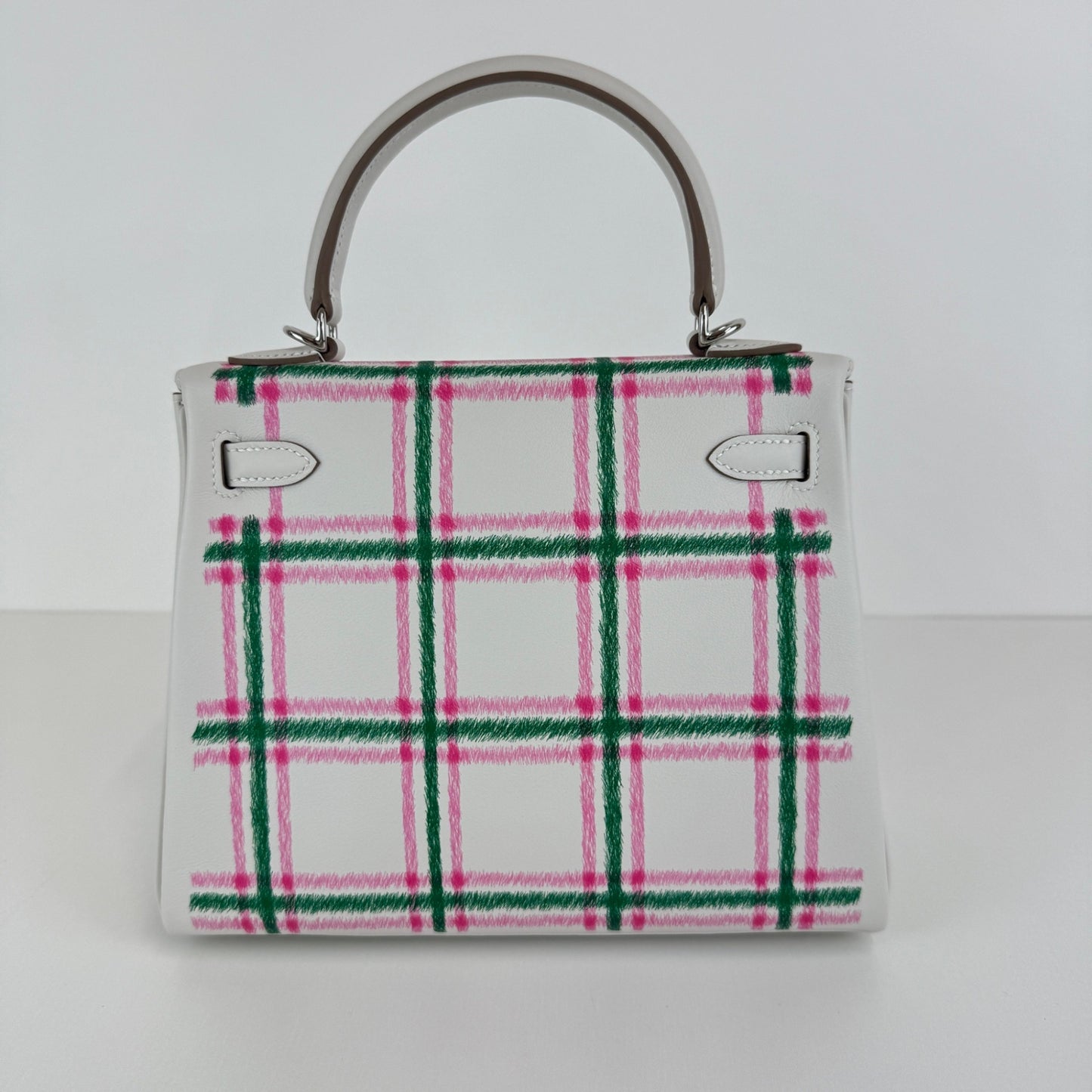 Kelly25 tartan light ケリー25 タータンライト Gris pale/Bubblegum/Vert moyen グリペール/バブルガム/ヴェールモワイヤン Swift スイフト PHW シルバー金具 Stamp-K K刻印