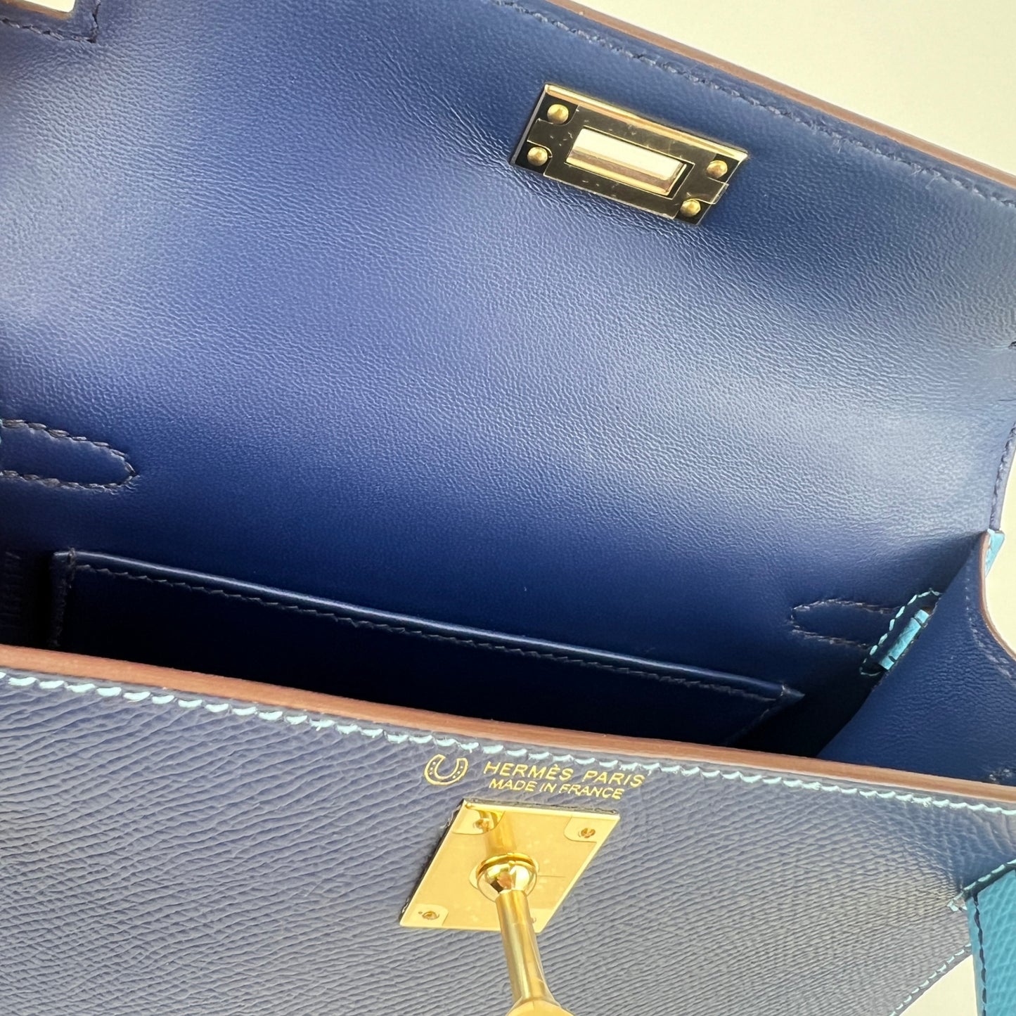 Mini kelly Special order ミニケリー スペシャルオーダー Blue navy/Celeste ブルーネイビー/セレステ PMBHW シャンパンゴールド金具 Stamp-K K刻印
