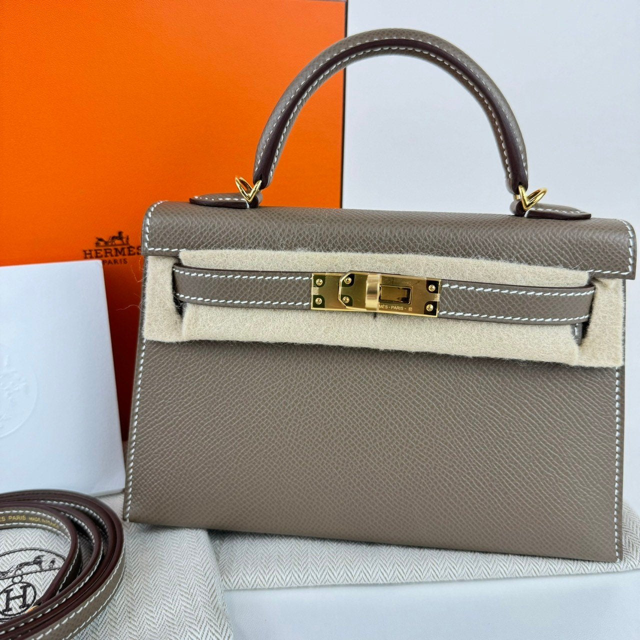 Mini kelly ミニケリー Stamp-W W刻印 Epsom エプソン Etoupe エトープ GHW ゴールド金具