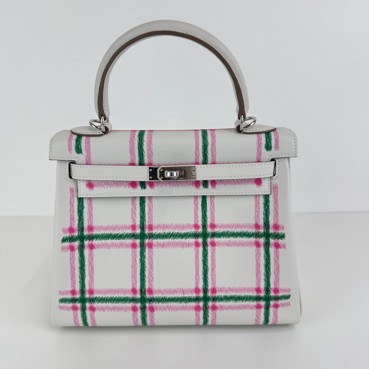 Kelly25 tartan light ケリー25 タータンライト Gris pale/Bubblegum/Vert moyen グリペール/バブルガム/ヴェールモワイヤン Swift スイフト PHW シルバー金具 Stamp-K K刻印