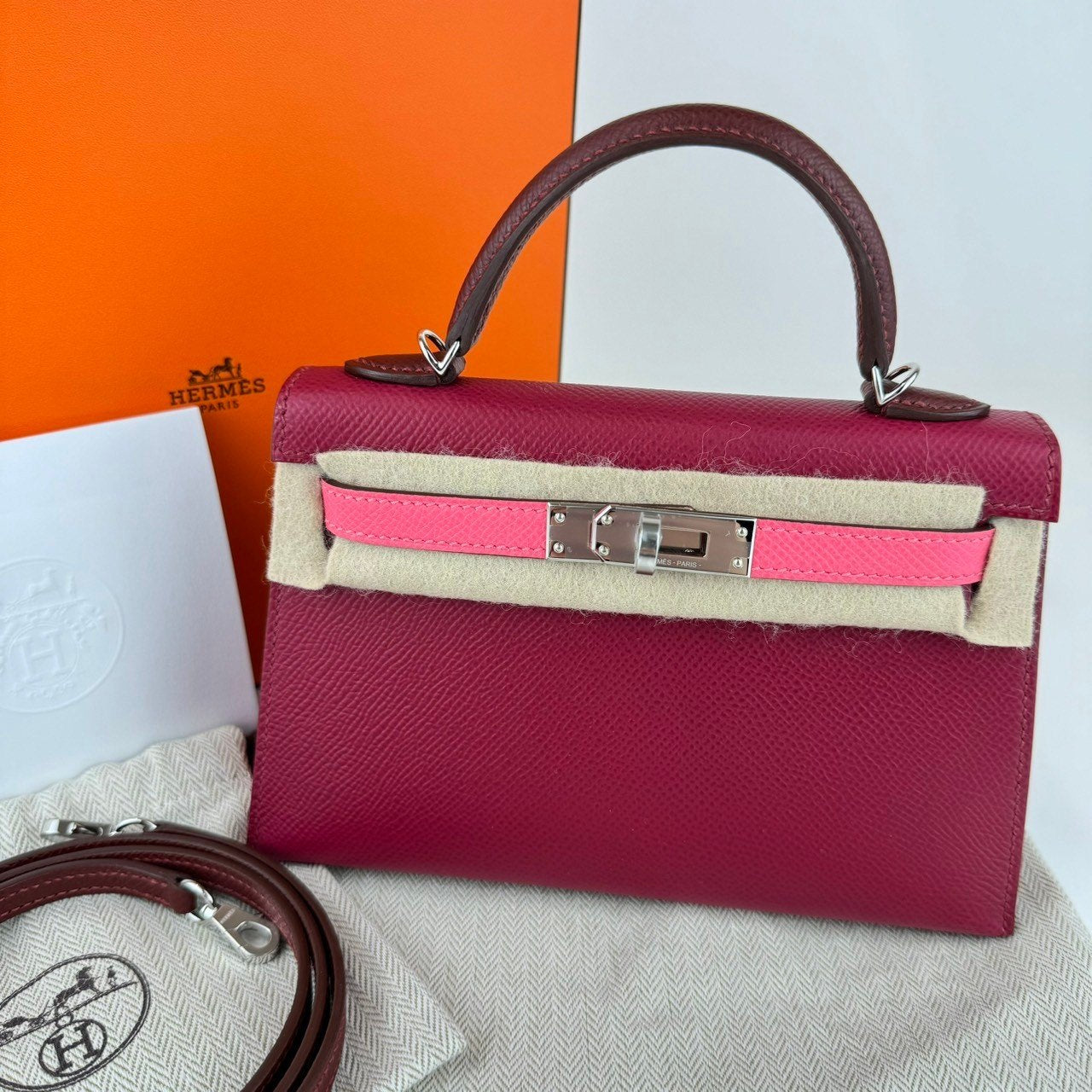 HERMES エルメス Mini kelly tricolor ミニケリー トリコロール Ruby/Rose azalee/Rouge H ルビー/ローズアザレ/ルージュアッシュ PHW シルバー金具 Epsom エプソン Stamp-B B刻印