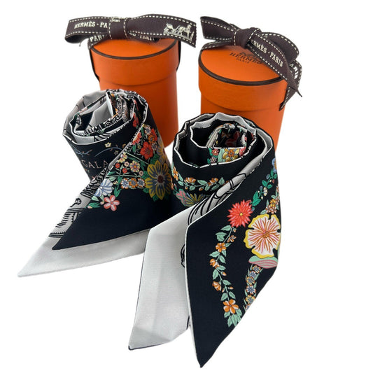 Hermès エルメス Twilly ツイリー 絹 100% マルチカラー ブラック ホワイト