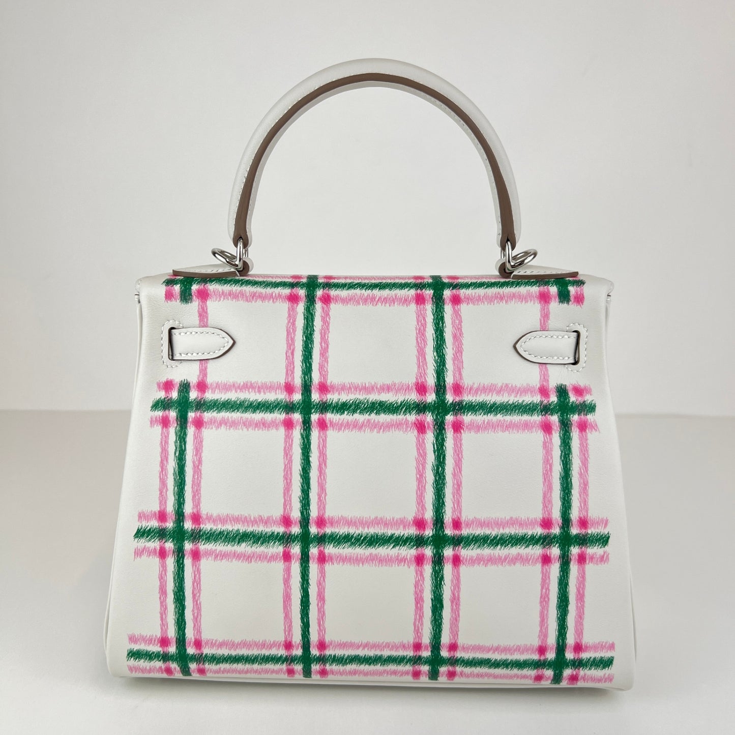 Kelly25 tartan light ケリー25タータン ライト Stamp-K K刻印 Swift スイフト Gris pale/Bubblegum/Vert moyen PHW シルバー金具