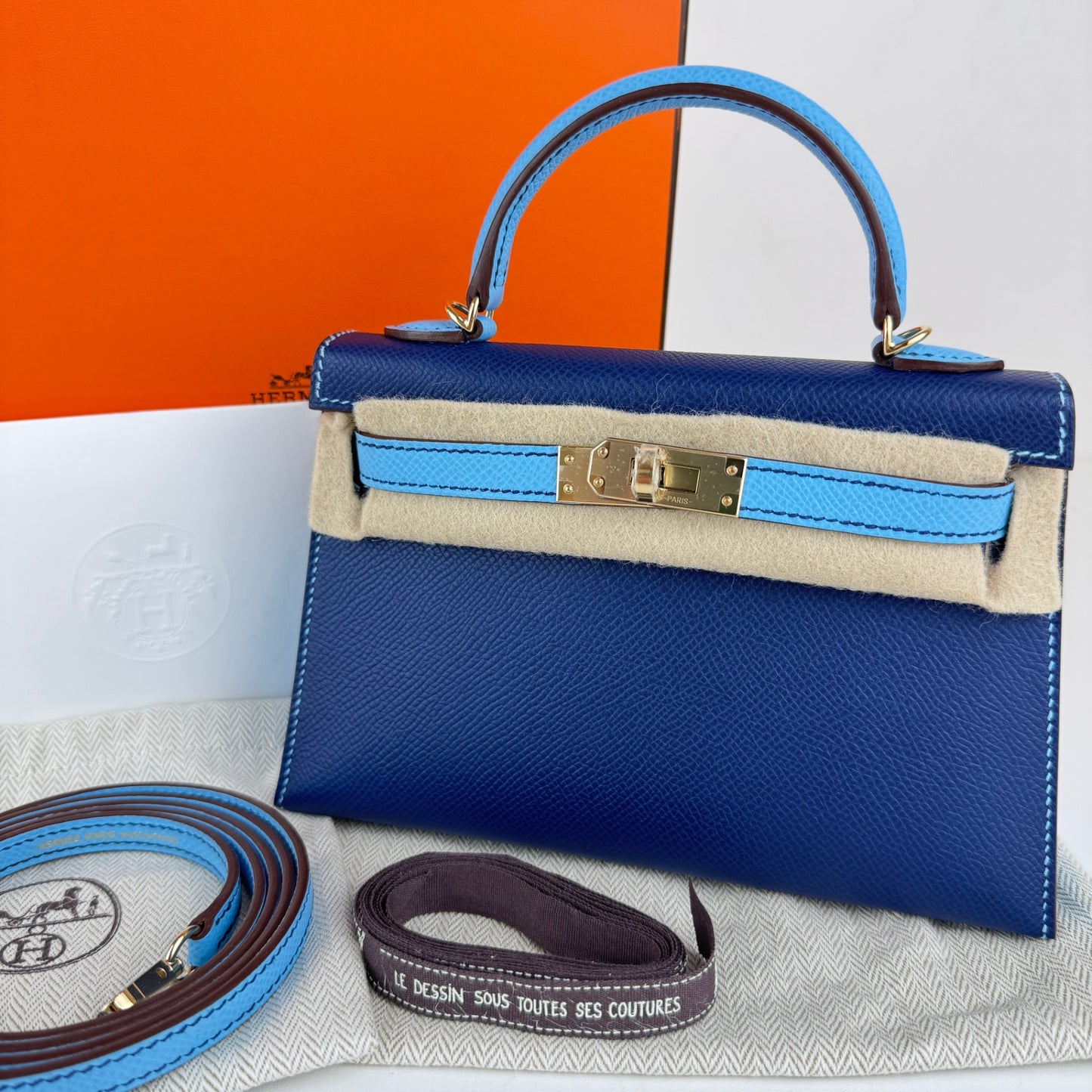Mini kelly Special order ミニケリー スペシャルオーダー Blue navy/Celeste ブルーネイビー/セレステ PMBHW シャンパンゴールド金具 Stamp-K K刻印