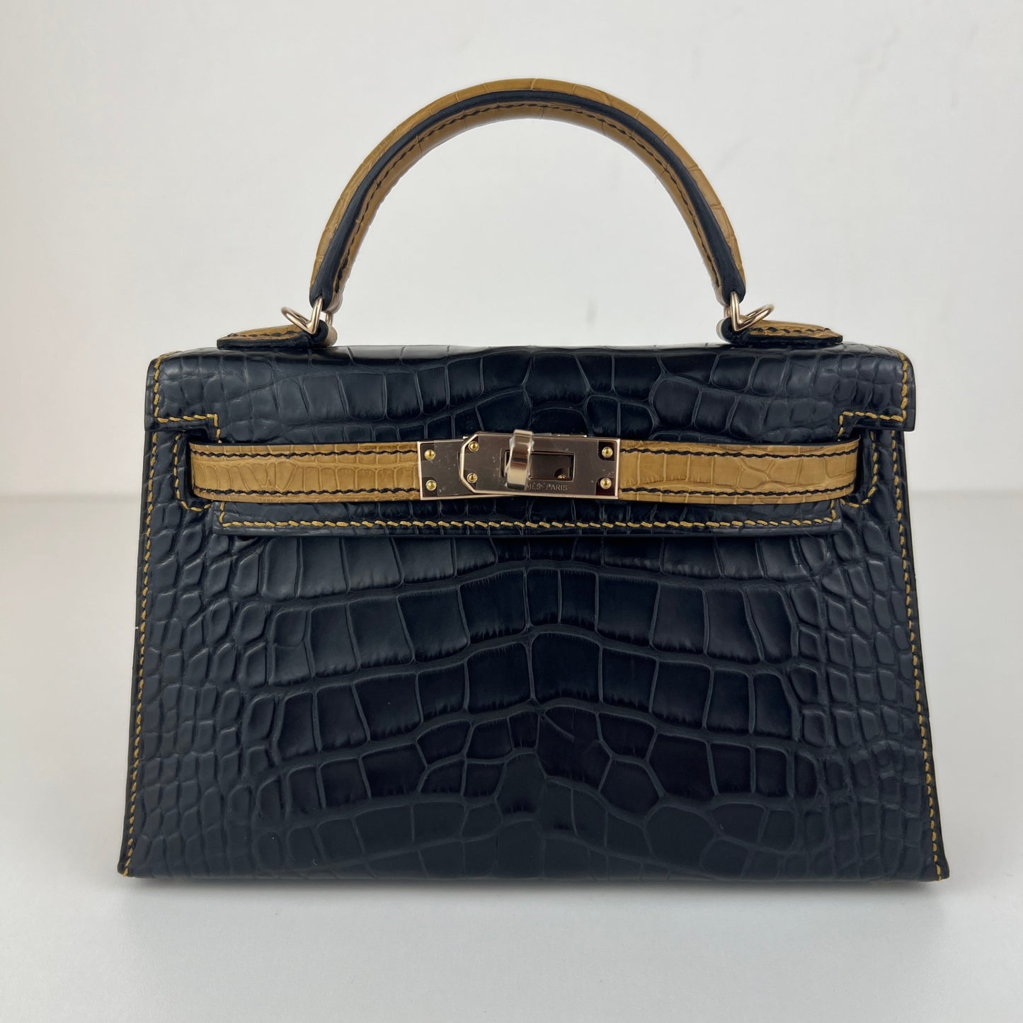 Mini kelly SO ミニケリー スペシャルオーダー Black/Kraft ブラック/クラフト crocodile クロコダイル PMBHW シャンパンゴールド金具 Stamp-B B刻印