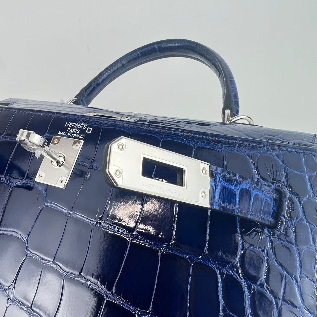 Kelly25 ケリー25 Blue saphir ブルーサファイア Alligatorアリゲーター PHW シルバー金具 Stamp-W W刻印