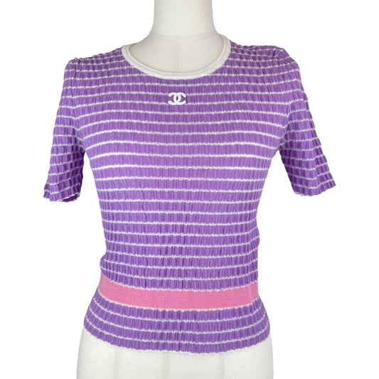 ココマーク プリーツカットソー トップス ボーダー 半袖 ラベンダー パープル ピンク コットン サイズ34
