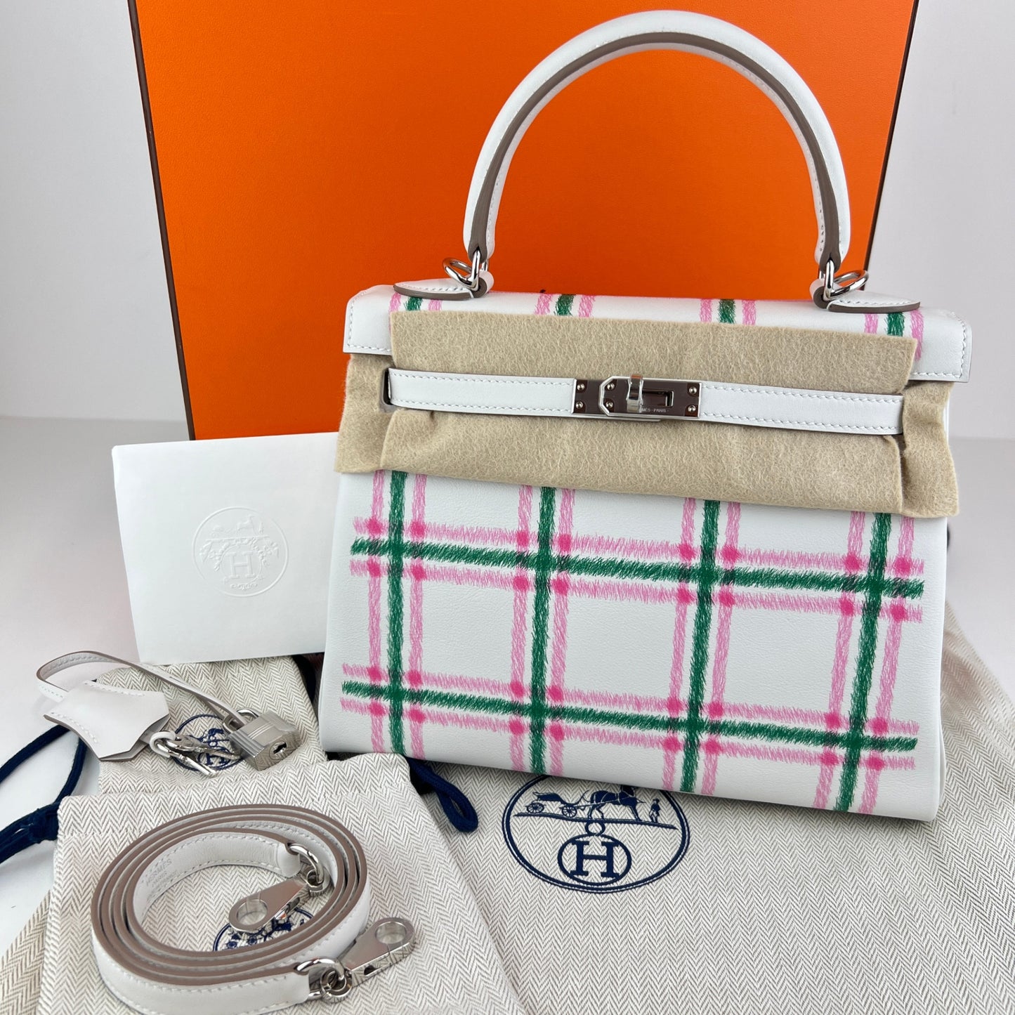 Kelly25 tartan light ケリー25タータン ライト Stamp-K K刻印 Swift スイフト Gris pale/Bubblegum/Vert moyen PHW シルバー金具