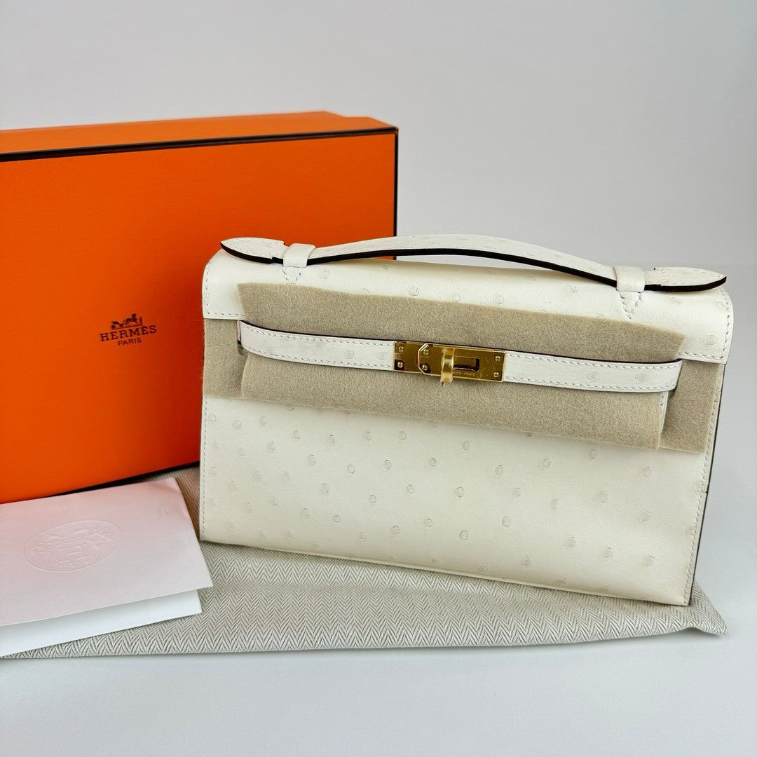 Kelly pochette ケリーポシェット Nata ナタ Ostrich オーストリッチ GHW ゴールド金具 Stamp-B B刻印