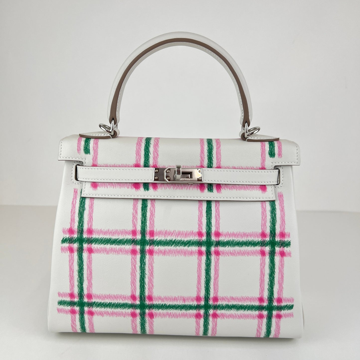 Kelly25 tartan light ケリー25タータン ライト Stamp-K K刻印 Swift スイフト Gris pale/Bubblegum/Vert moyen PHW シルバー金具