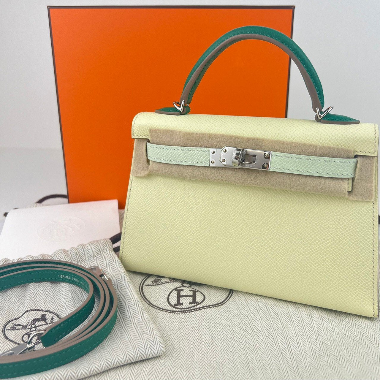 Mini kelly toricolor ミニケリートリコロール Jaune milton/Vert fizz/Vert vertigo ジョーヌミルトン/ヴェールフィズ/ヴェールヴェルティゴ PHW シルバー金具 Epsom エプソン Stamp-W W刻印