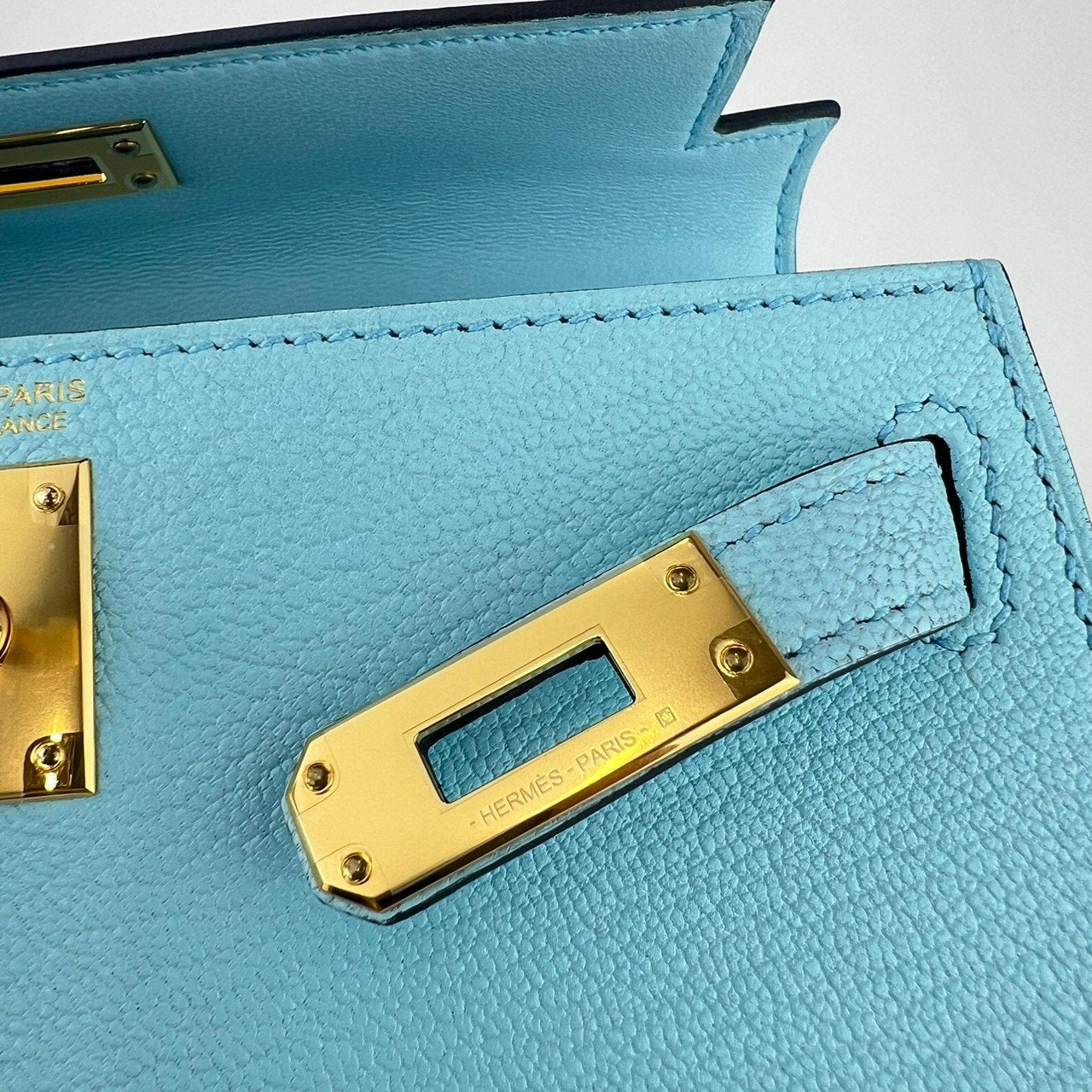 Mini Kelly ミニケリー Blue zephyr ブルーゼフィール Chevre シェーブル GHW ゴールド金具 Stamp-B B刻