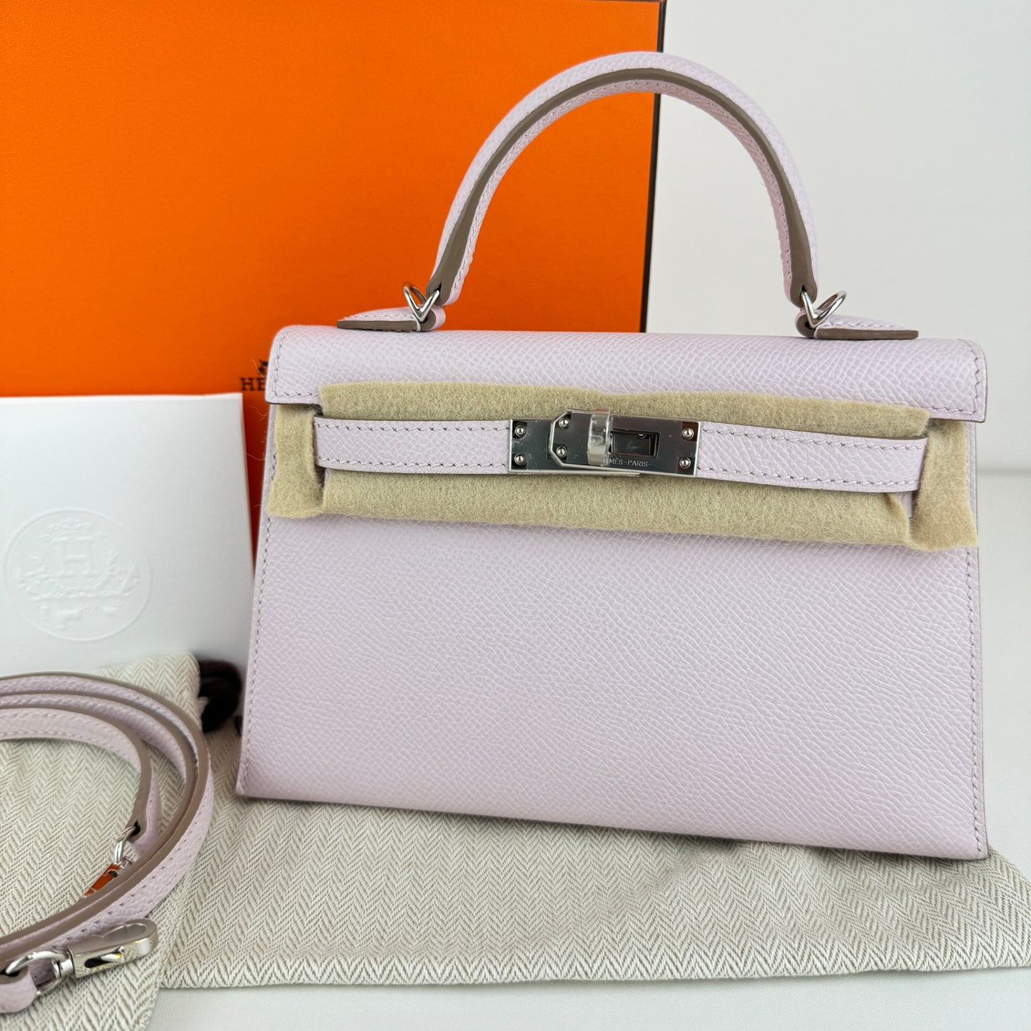 Mini kelly ミニケリー Stamp-K K刻印 Epsom エプソン Mauve pale モーヴペール PHW シルバー金具