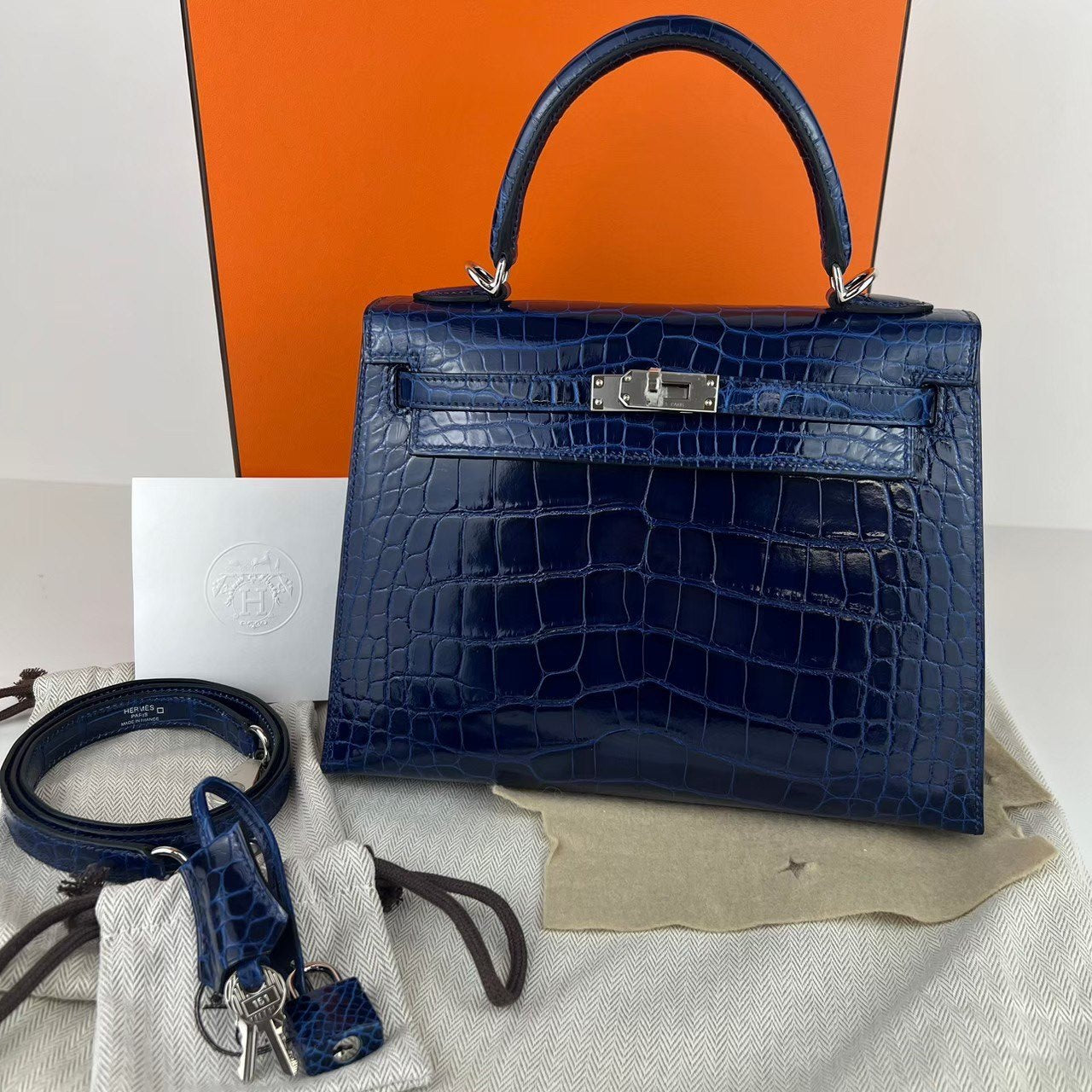 Kelly25 ケリー25 Blue saphir ブルーサファイア Alligatorアリゲーター PHW シルバー金具 Stamp-W W刻印