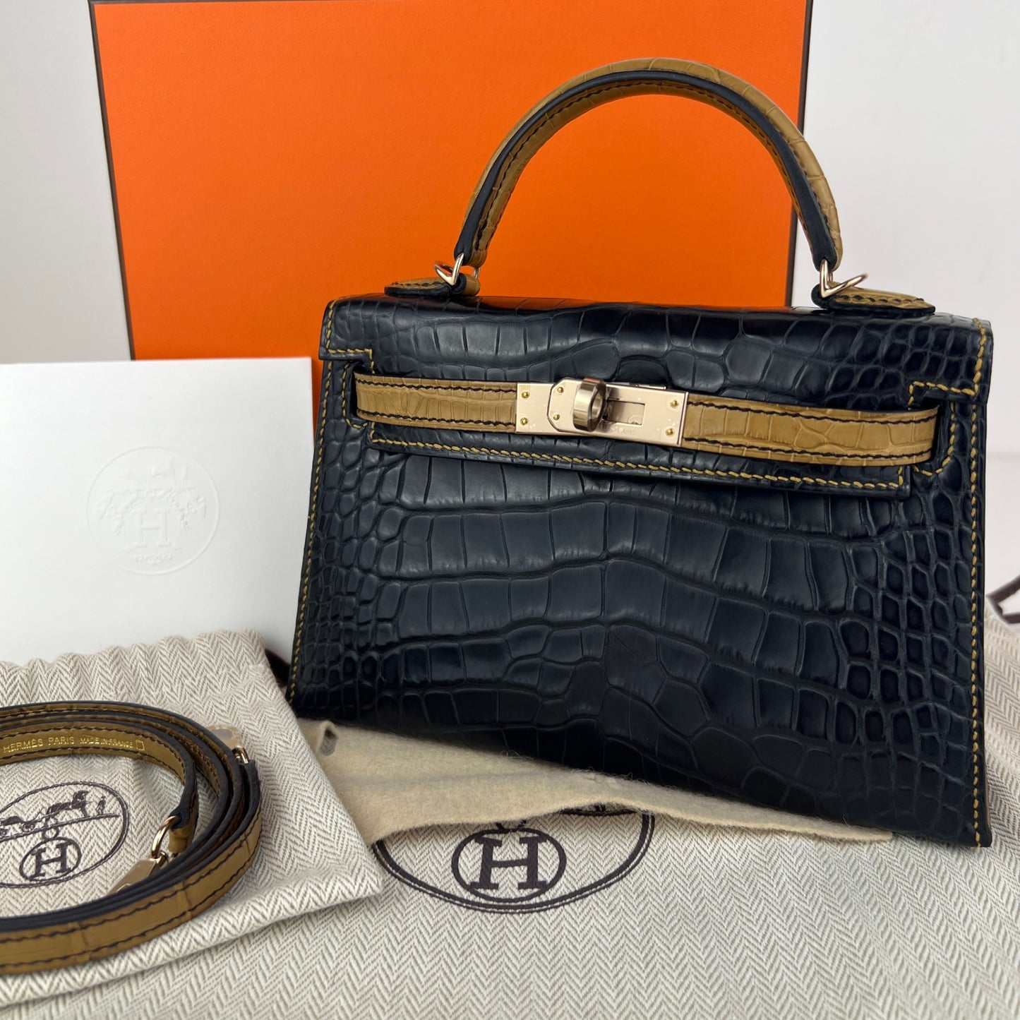 Mini kelly SO ミニケリー スペシャルオーダー Black/Kraft ブラック/クラフト crocodile クロコダイル PMBHW シャンパンゴールド金具 Stamp-B B刻印