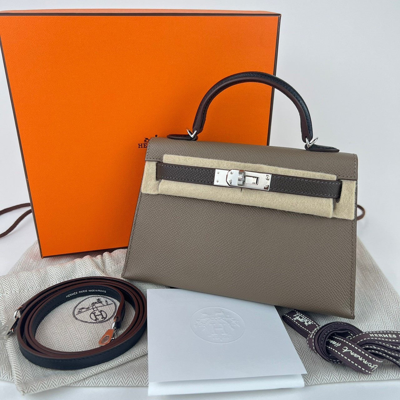 Mini Kelly ミニケリー Tricolor トリコロール Etoupe/Ecorce/Noir エトープ/エコルセ/ノワール Epsom エプソン PHW シルバー金具 B刻印