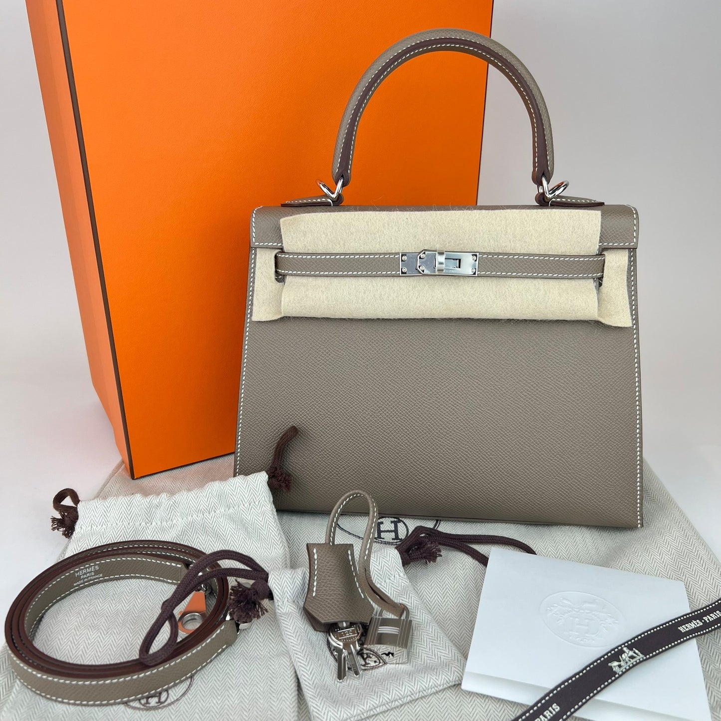 Kelly25 ケリー25 B刻 Etoupe エトープ Epsom エプソン PHW シルバー金具 2WAYバック ハンドバック ショルダーバック