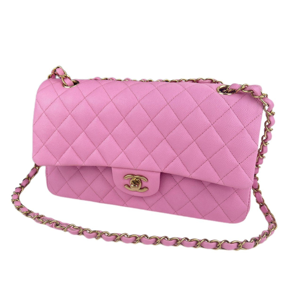 マトラッセ ダブルフラップ ダブルチェーンショルダー ピンク　パープル　Pink  Purple  GHW ゴールド金具 キャビアスキン　caviar skin A01112 ICチップ