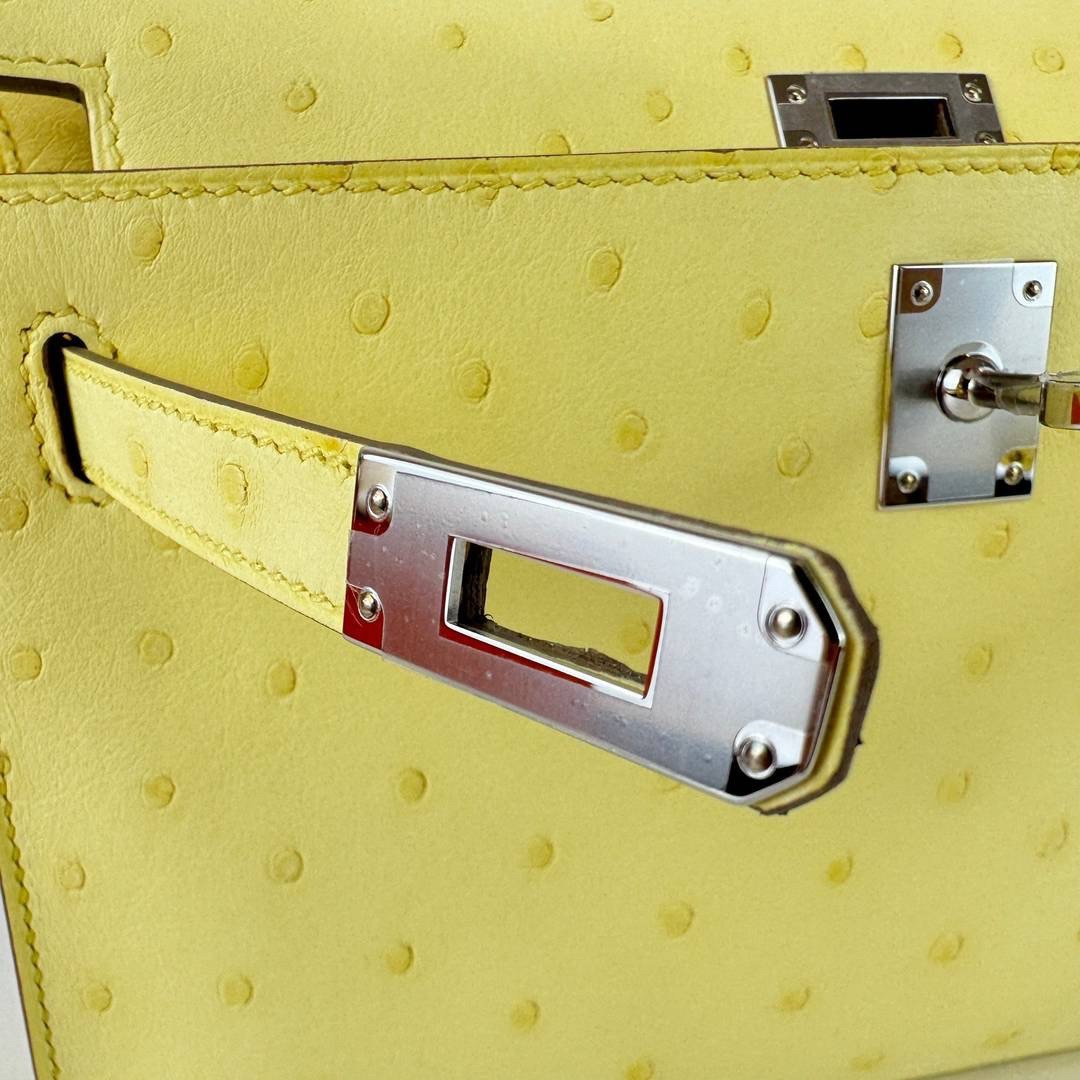 Kelly pochette ケリーポシェット Limoncello リモンチェッロ Ostrich オーストリッチ PHW シルバー金具 Stamp-B B刻印 ハンドバッグ