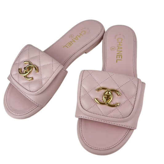CHANEL シャネル シャネル サンダル ミュール CCロゴ キルティングビーチサンダル ラムスキン Pink ピンク
