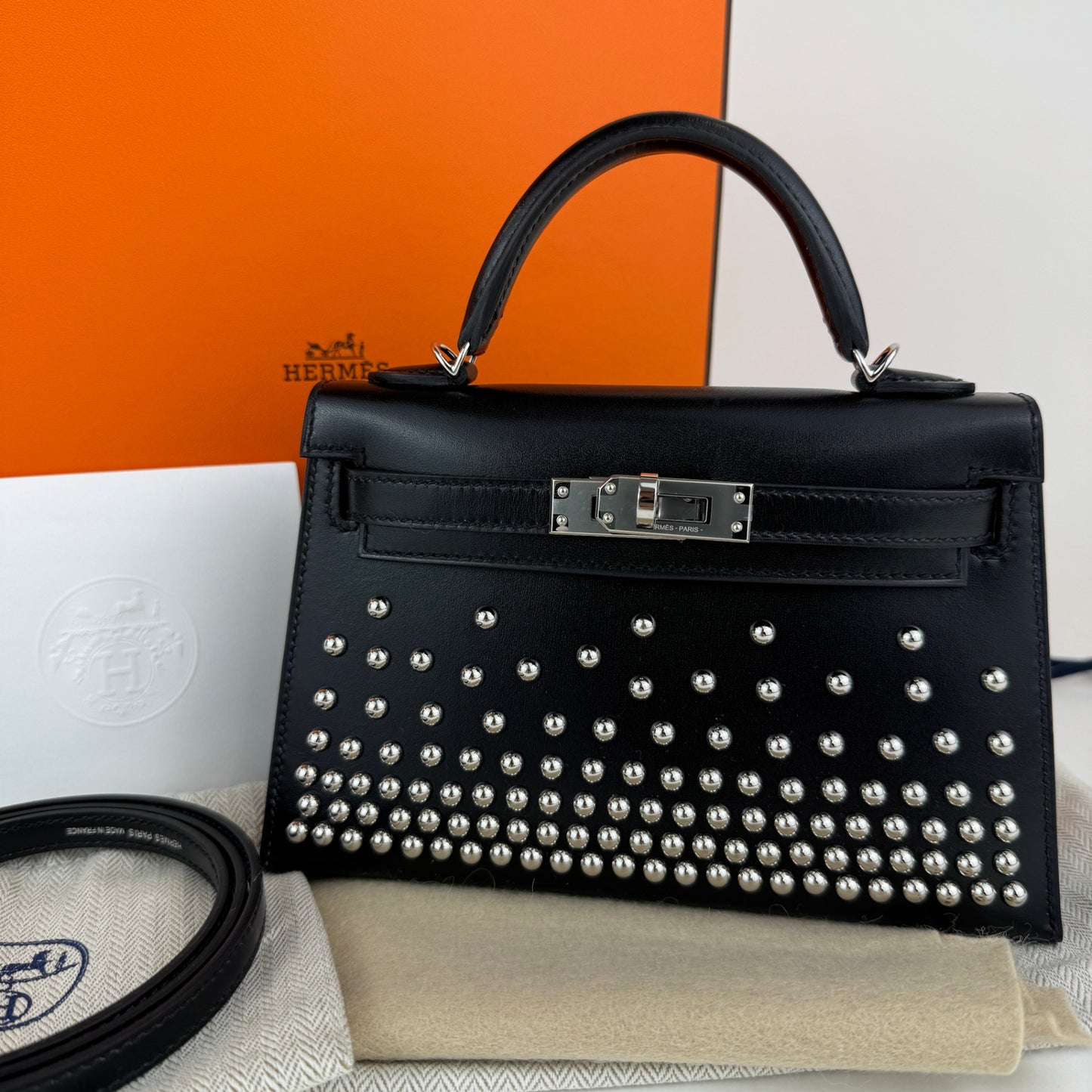 Mini kelly cloute ミニケリークルーテ Stamp-B B印 Boxcalf ボックスカーフ Black　ブラック PHW シルバー金具