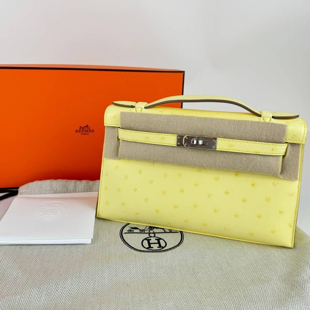 Kelly pochette ケリーポシェット Limoncello リモンチェッロ Ostrich オーストリッチ PHW シルバー金具 Stamp-B B刻印 ハンドバッグ
