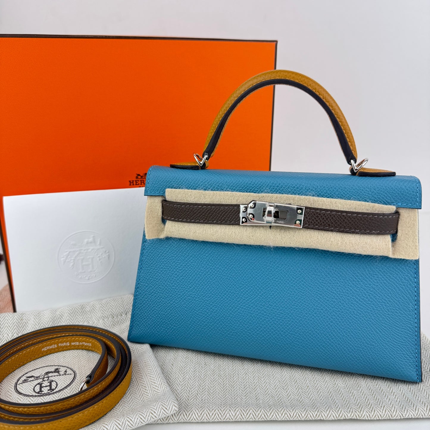 Mini kelly tricolor ミニケリー トリコロール Blue jean/Ecorce/Sesami ブルージーン/エコルセ/セサミ Epsom エプソン PHW シルバー金具 Stamp-W W刻印