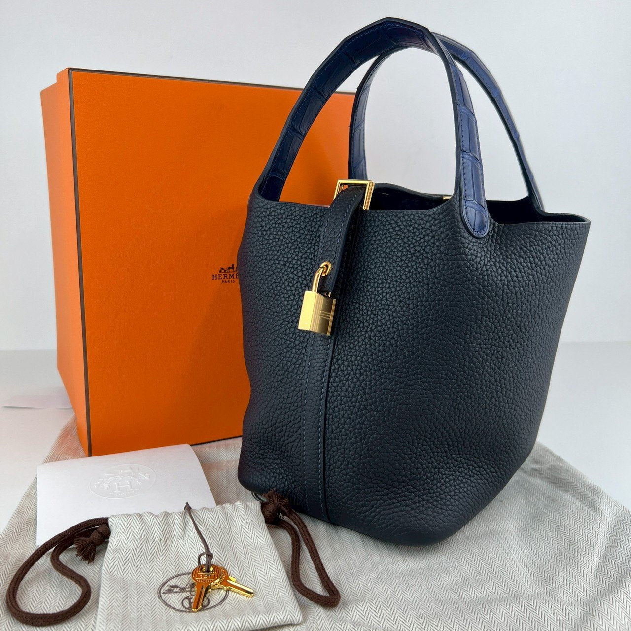 Picotin Lock PM ピコタンロック18 Blue nuit ブルーニュイ Taurillon clemence トリヨンクレマンス crocodile クロコダイル GHW ゴールド金具 Stamp-B B刻印