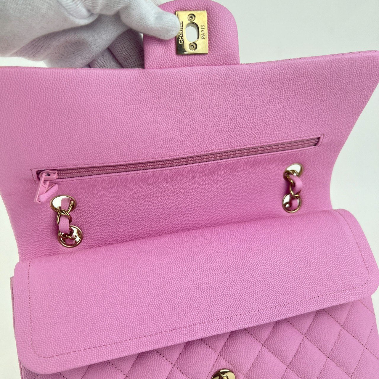 マトラッセ ダブルフラップ ダブルチェーンショルダー ピンク　パープル　Pink  Purple  GHW ゴールド金具 キャビアスキン　caviar skin A01112 ICチップ