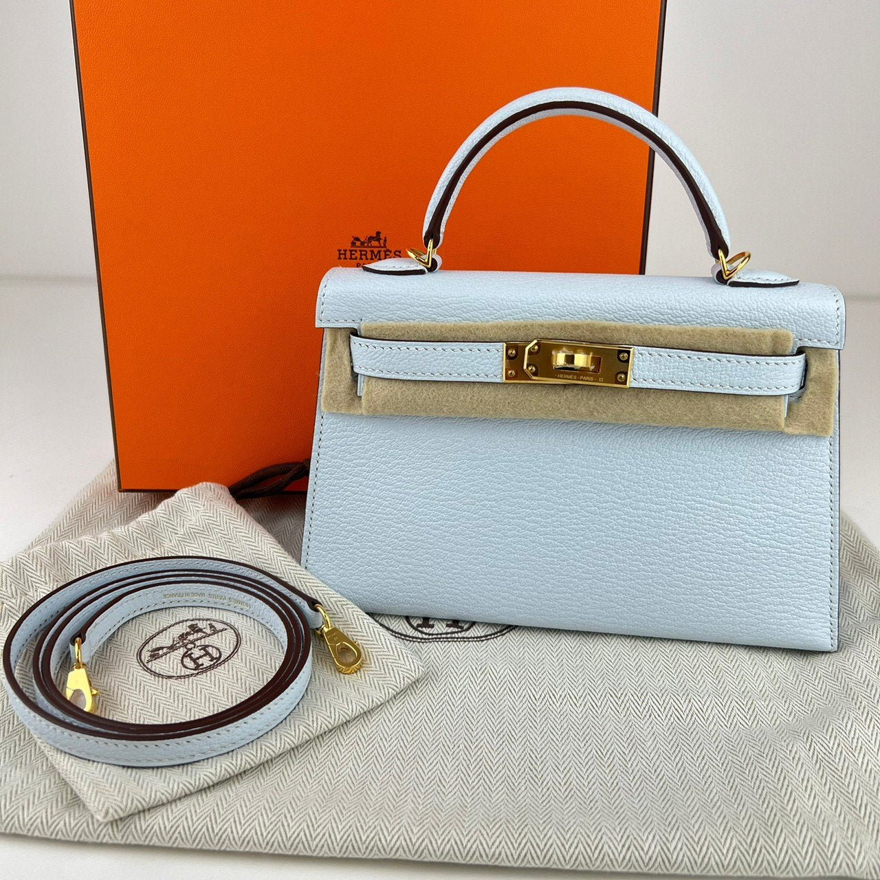 Mini kelly ミニケリー Blue brume ブルーブリュム Chevre シェーブル GHW ゴールド金具 U刻