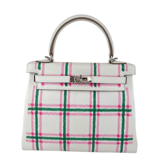 Kelly25 tartan light ケリー25タータン ライト Stamp-K K刻印 Swift スイフト Gris pale/Bubblegum/Vert moyen PHW シルバー金具