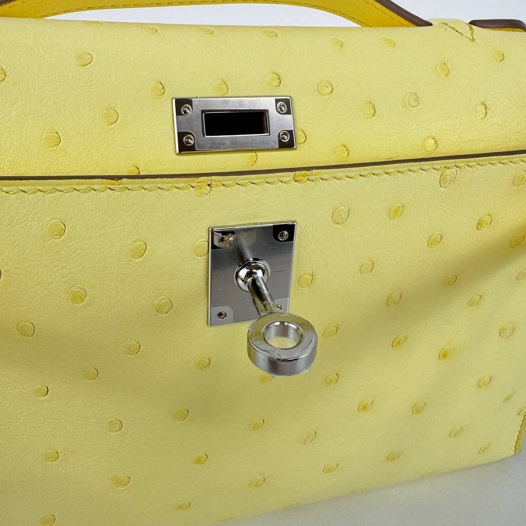 Kelly pochette ケリーポシェット Limoncello リモンチェッロ Ostrich オーストリッチ PHW シルバー金具 Stamp-B B刻印 ハンドバッグ