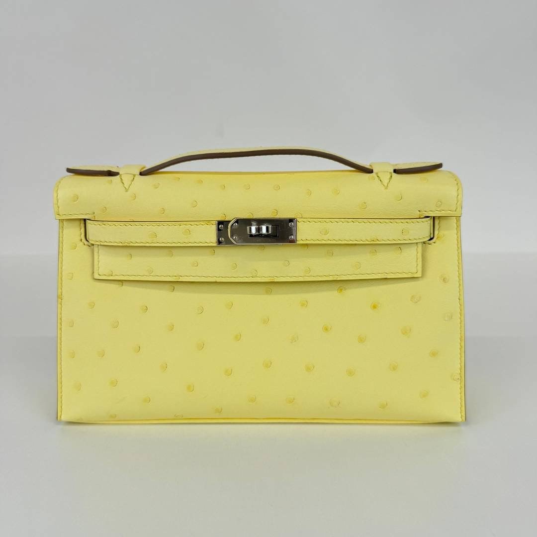 Kelly pochette ケリーポシェット Limoncello リモンチェッロ Ostrich オーストリッチ PHW シルバー金具 Stamp-B B刻印 ハンドバッグ