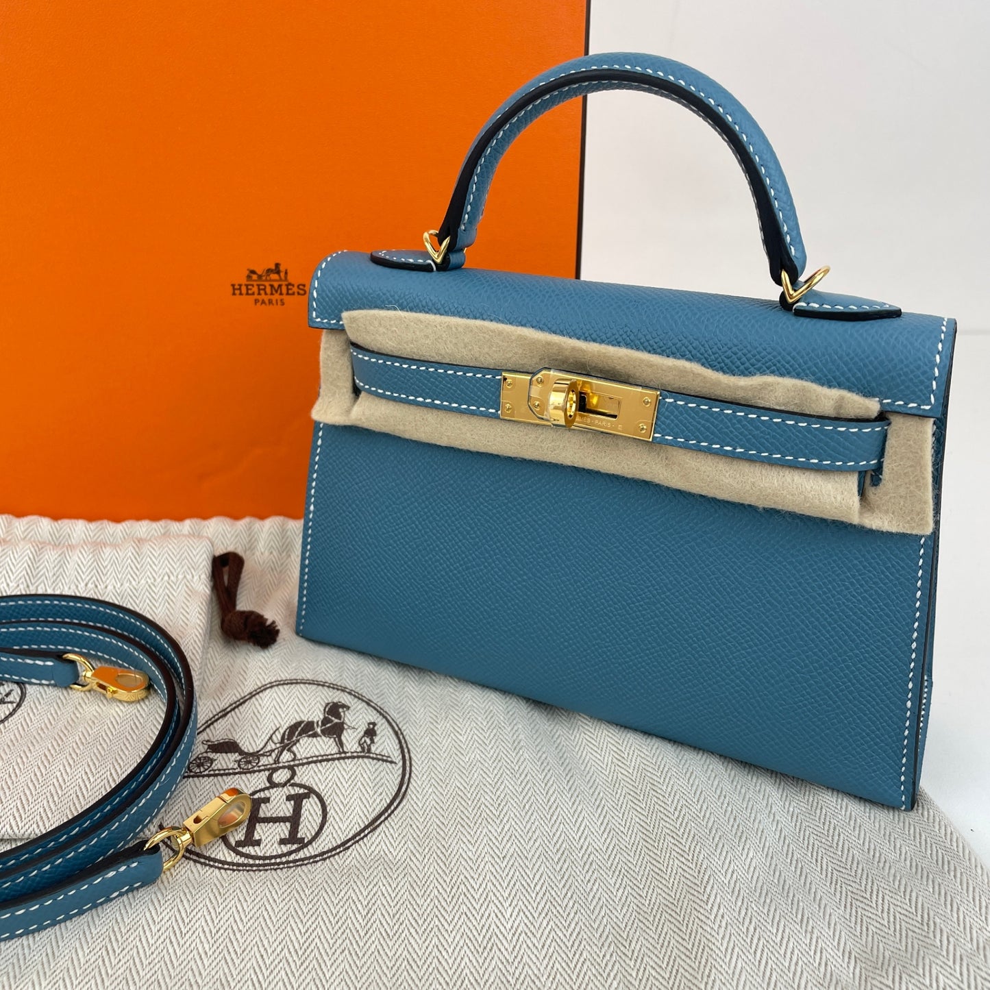 Mini kelly ミニケリー Blue jean ブルージン Epsom エプソン GHW ゴールド金具 Stamp-K K刻印