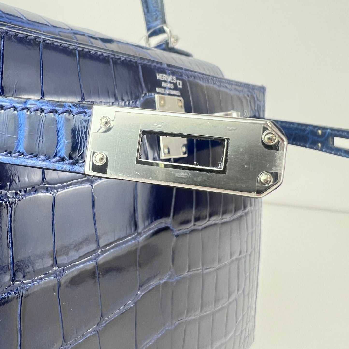 Kelly25 ケリー25 Blue saphir ブルーサファイア Alligatorアリゲーター PHW シルバー金具 Stamp-W W刻印