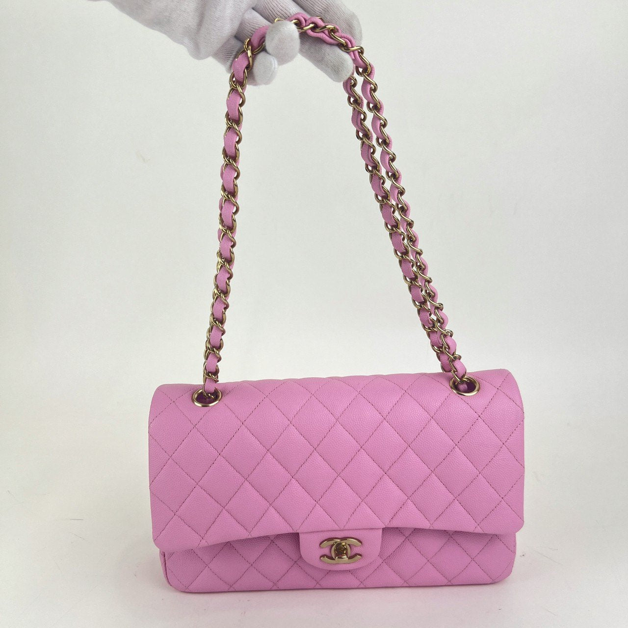 マトラッセ ダブルフラップ ダブルチェーンショルダー ピンク　パープル　Pink  Purple  GHW ゴールド金具 キャビアスキン　caviar skin A01112 ICチップ